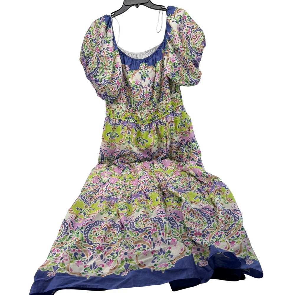 Maison Tara Paisley Floral Puff Sleeve Maxi Dress Cotton Smocked Waist Size 16
